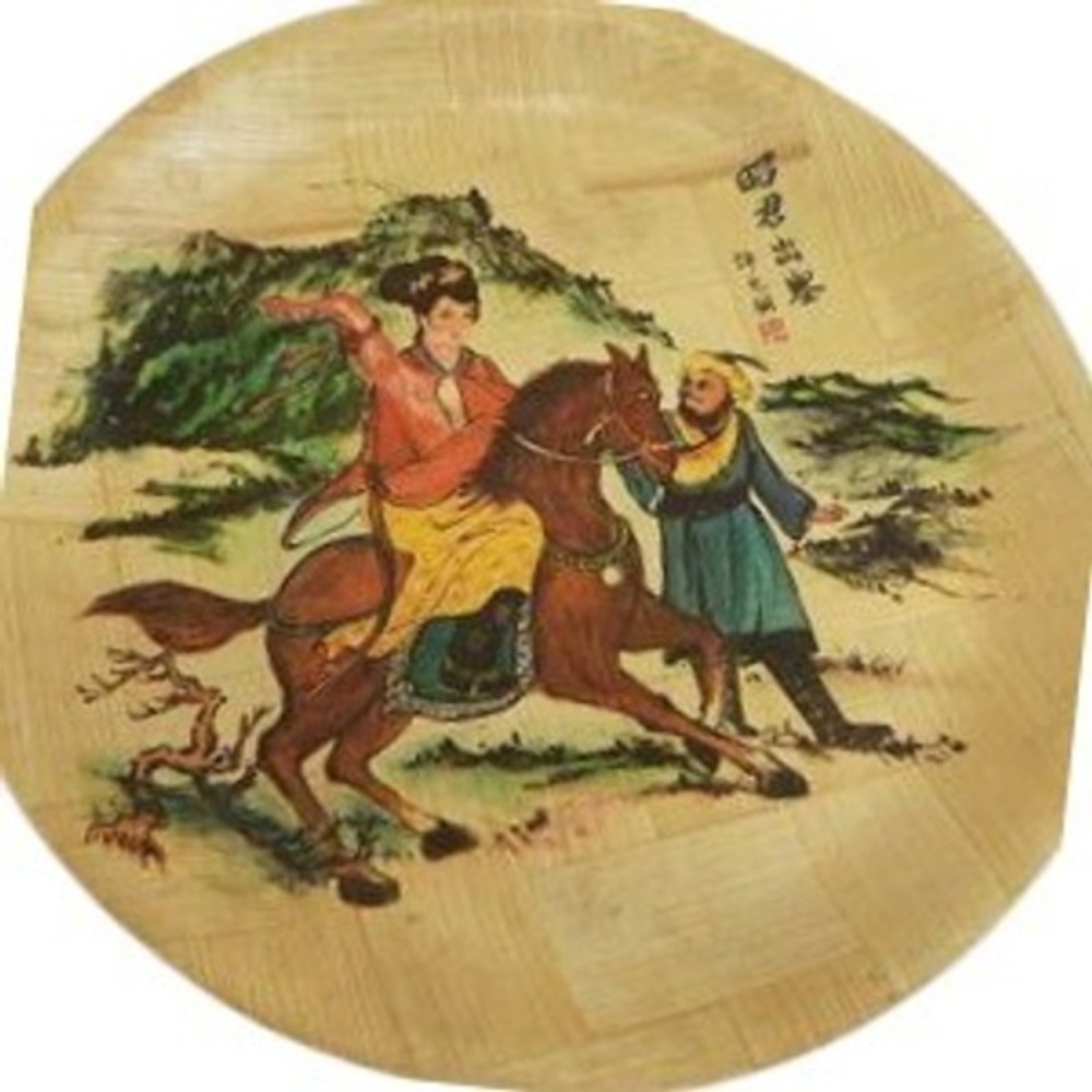 Vintage Hand Painted Bamboo Plate Taiwan Republic of China Horseback Scene 10in